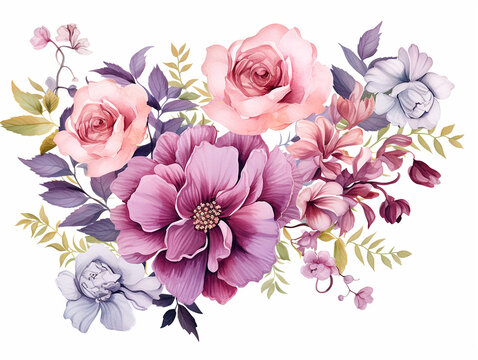 Colorful roses flowers arrangement illustration in style of watercolor with splashes on white background