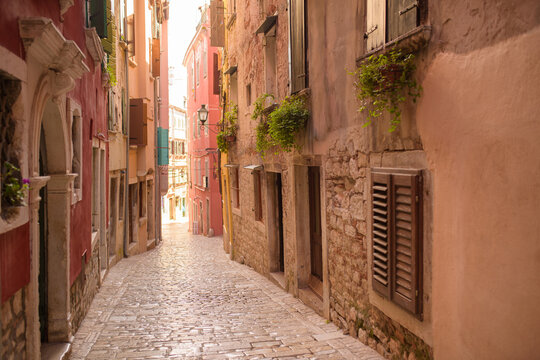 Fototapeta Street scene in old mediterranean town of Rovinj, Croatia.