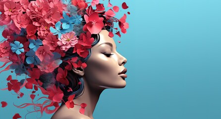 Flower Explosion: Surreal Portrait of a Woman with Flowered Hair - obrazy, fototapety, plakaty