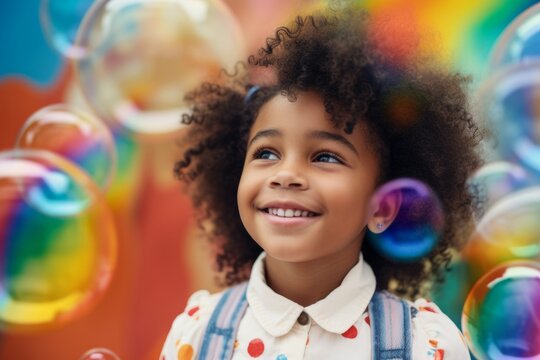 happy smiling african american child girl on colorful background with rainbow soap balloon with gradient