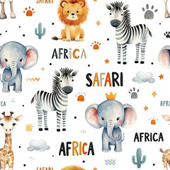 Watercolor childish seamless pattern with cute safari animals: elephant, lion, giraffe and zebra isolated on white background. - obrazy, fototapety, plakaty