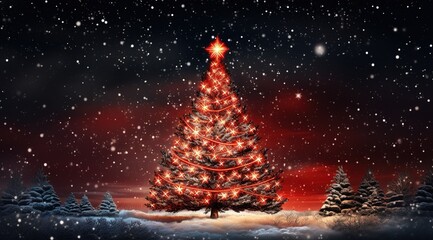 Festive sparkle: Christmas tree illuminated with lights on a red background