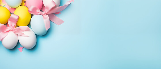 Colorful easter eggs with ribbons on blue background. Happy easter banner.
