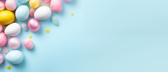 Easter background with pastel colored eggs and confetti on blue background
