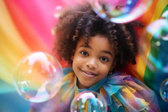 happy african american child girl on colorful background with rainbow soap balloon with gradient