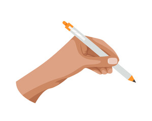 Writing tool in hand. Hand holding pen, pencil, marker and highlighter. Pen, pencil, stylus, felt-tip pen in arm