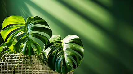 Monstera leaf silhouette, Botanical minimalism, Lush green with dramatic shadows,