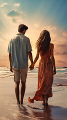 
Couple walking on the beach holding hands at sunset. Concept of love
