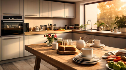 Fototapeta na wymiar Contemporary kitchen with stainless steel appliances and a breakfast spread,