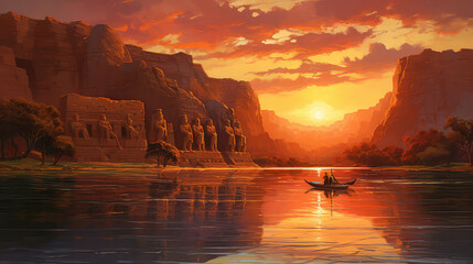 oil painting on canvas, view of Abu Simbel Temples. Artwork. Big ben. Pyramid as sunset. Egypt