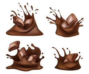 Chocolate. Pieces, shavings. 3D realistic vector set, horizontal and vertical splash of chocolate
