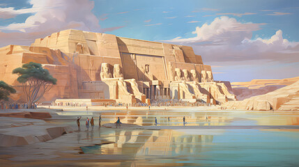 oil painting on canvas, view of Abu Simbel Temples. Artwork. Big ben. Abu Simbel Temples in a day. Egypt