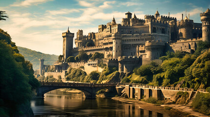 Majestic castle perched atop a hill with a moat and drawbridge