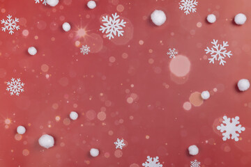Christmas maroon background with white snowflakes and fir tree branches. Copy space. Top view