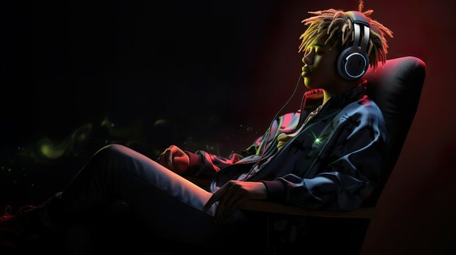 A person at night, wearing headphones, listening to music.