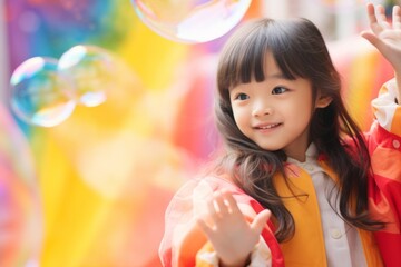 Fototapeta na wymiar happy asian child girl on colorful background with rainbow soap balloon with gradient
