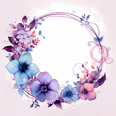 Fototapeta na wymiar watercolor circle frame lilac purple and blossoms