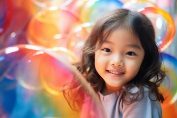 Fototapeta na wymiar happy smiling asian child girl on colorful background with rainbow soap balloon with gradient