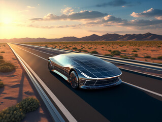 Modern electric car, self-charging from solar panels built into the body. Ecological transport concept.