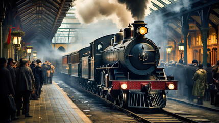 Vintage train station with steam locomotives and travelers in period attire, - obrazy, fototapety, plakaty