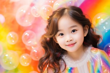 Obraz na płótnie Canvas happy asian child girl on colorful background with rainbow soap balloon with gradient