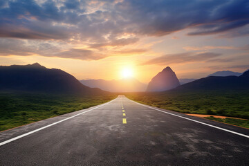 Straight Horizon Asphalt Road to Mountain with Beautiful Sunset Sky and Clouds. Scenic Evening Landscape with Copy Space for Text, Banner, or Poster