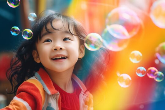 happy smiling asian child girl on colorful background with rainbow soap balloon with gradient