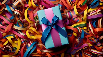 Vibrant Turquoise Gift Box Amidst Rainbow Ribbons