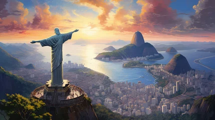 Fotobehang oil painting on canvas, view of Aerial of Christ and Sugar Loaf Mountain at sunset, Rio De Janeiro, Brazil. © ImagineDesign