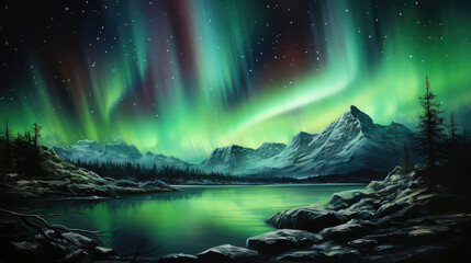 Fototapeta premium illustration of A beautiful green and red aurora dancing, Aurora Boreal, Iceland, beautiful nature