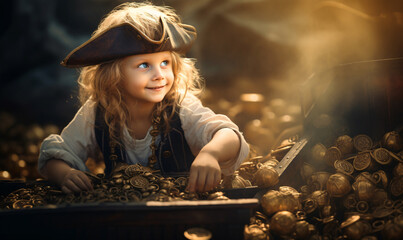 A little boy in a pirate outfit is happy because he just found a big pirate treasure. Children's adventure games can begin. - obrazy, fototapety, plakaty