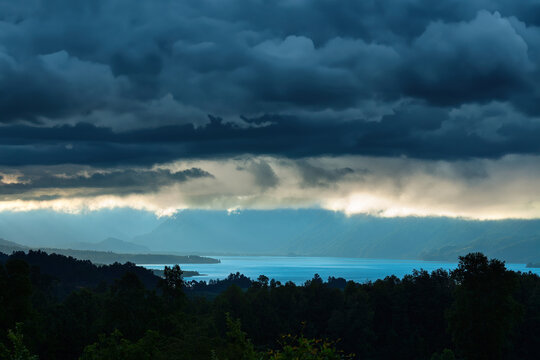 Stormy clouds over Villarrica lake in the Araucania Region, Chile