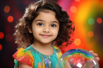 Fototapeta na wymiar happy indian child girl on colorful background with rainbow soap balloon with gradient