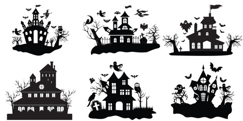 Haunted House silhouette collection. Set of scary house for Halloween. Halloween Haunted house silhouette