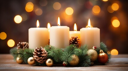 Obraz na płótnie Canvas Advent Candle Burning on Festive Wreath, Traditional Christmas Decoration
