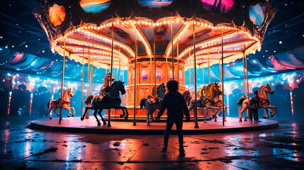 Whimsical carousel in an amusement park with gleeful children and bright lights,
