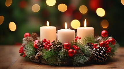 Fototapeta na wymiar Advent Candle Burning on Festive Wreath, Traditional Christmas Decoration