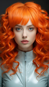 A woman with orange curly hair in vibrant tones. Woman wearing latex clothing with style and audacity celebrating individuality and unique expression.