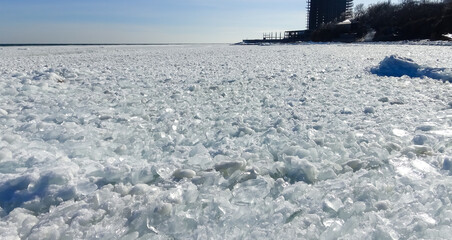 The frozen Black Sea, chunks and blocks of sea ice swaying on the water