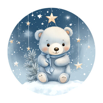 Christmas polar bear. Cute white bear in a scarf sitting on the snow surrounded by stars and snowflakes. AI generated.