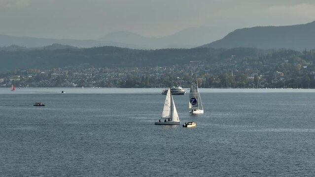 sunny day zurich city lake traffic aerial panorama 4k switzerland