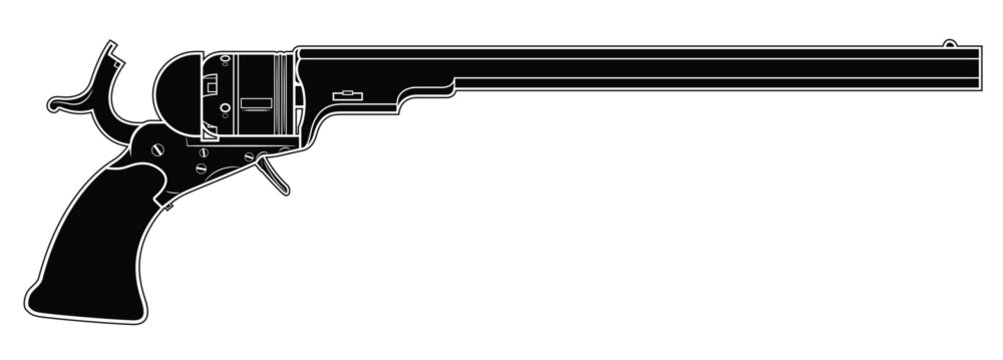 Vector illustration of the 1836 Colt Paterson revolver with cocked hammer and long barrel on the white background. Black. Right side.