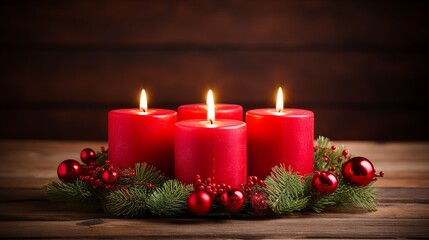 Obraz na płótnie Canvas Advent Candle Burning on Wreath for Festive Christmas Decor