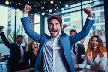 Portrait of overjoyed young diverse employees workers show thumb up recommend good quality company service. Smiling multiethnic colleagues celebrate shared business success or victory in office - Powered by Adobe