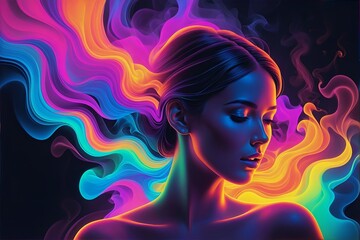 A colorful illustration of relaxed women with headphones hearing sounds hallucinations with vivid creative fantasy music smoke background. sound inspiration, emotions concept. auditory hallucinations. - obrazy, fototapety, plakaty