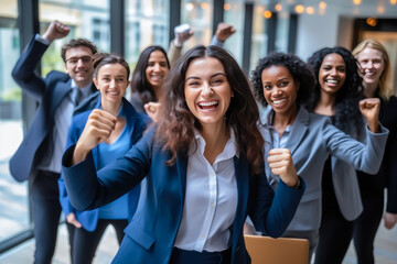 Obraz premium Portrait of overjoyed young diverse employees workers show thumb up recommend good quality company service. Smiling multiethnic colleagues celebrate shared business success or victory in office