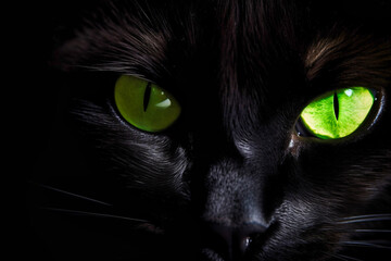 close up shot of a black cat with green eyes