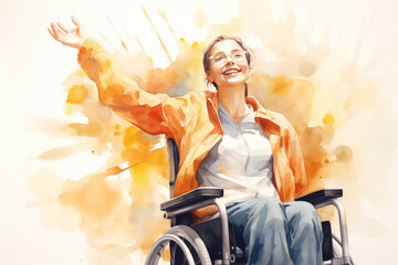 woman in the park. happy woman in glasses sitting in wheelchair widening arms on isolated white background. Illustration. 