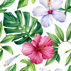 Obraz premium Tropical hibiscus flowers and Palm leaves on white background, Watercolor botanical plants. Seamless patterns.