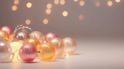 Glowing Garland Balls and Festive Decor on Light Background - Festive Season Illumination for Christmas Celebrations
